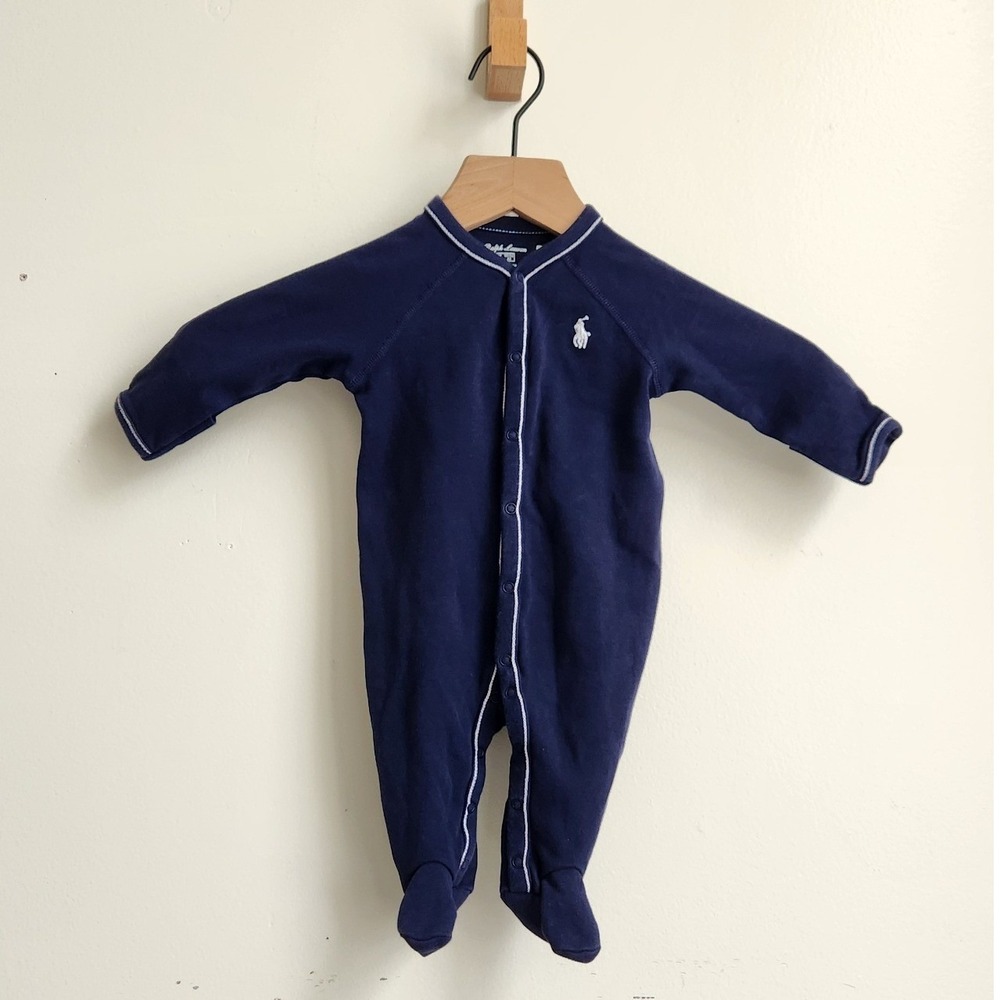Ralph Lauren Baby Footie Jumpsuit 3Months Navy Pony Logo Snap Buttons One Piece